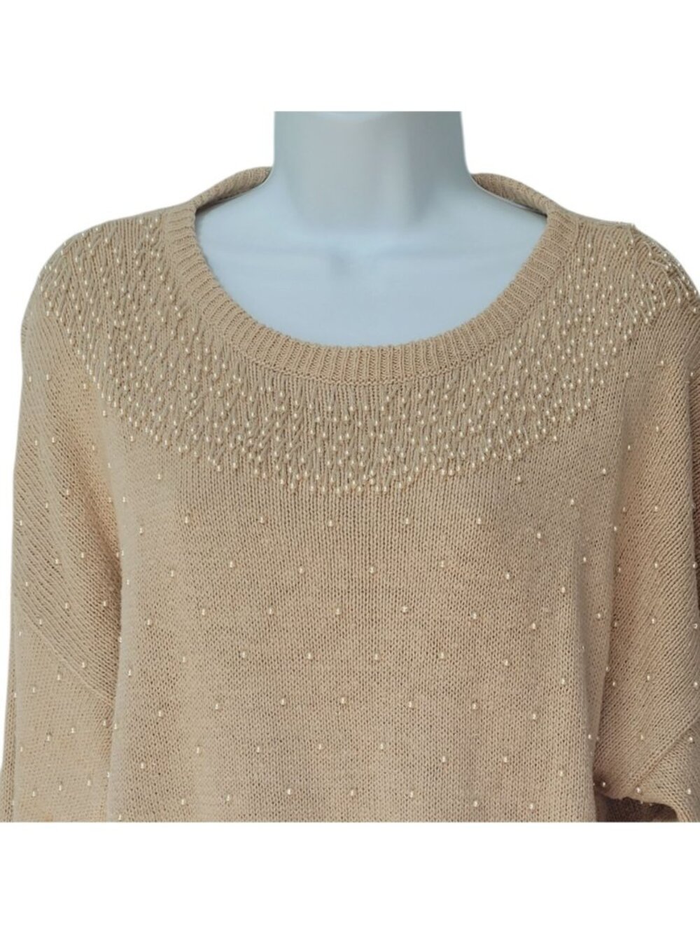 Vtg Y2K Midnight Blues Beaded Knit Sweater L Beige Tunic‎ Cottagecore Feminine